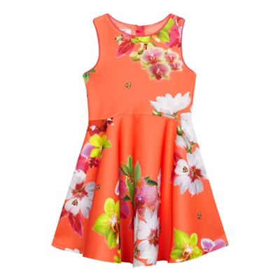 Girls' orange floral print dress